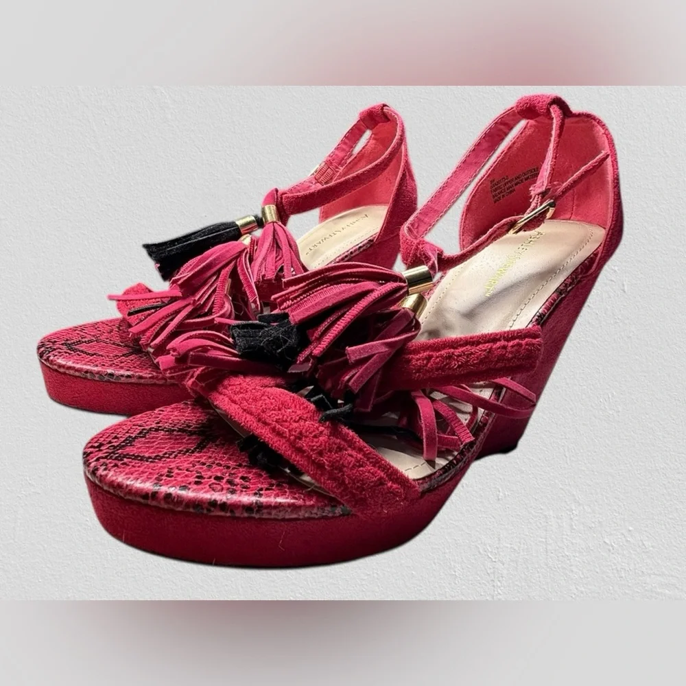 Ashley Stewart‎ fuchsia suede wedge sandals tassels snakeskin print